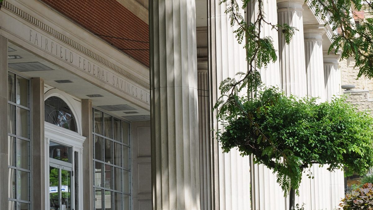 The limestone colonnade and entrance of the Fairfield Federal main office on Main Street in downtown Lancaster, Ohio