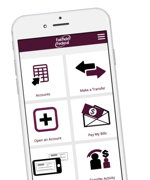 Fairfield Federal mobile app login screen on a smartphone, with User ID, password, Face ID and enrollment options